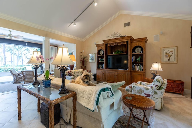 living room with light tile patterned flooring, ceiling fan, ornamental molding, and rail lighting