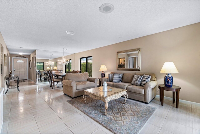 tiled living room with a textured ceiling