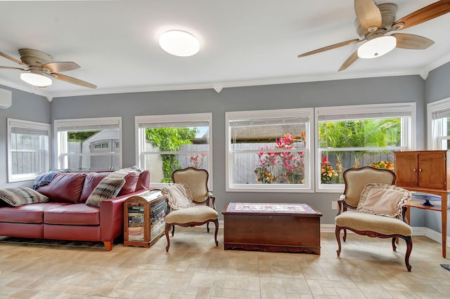 sunroom featuring ceiling fan and an AC wall unit