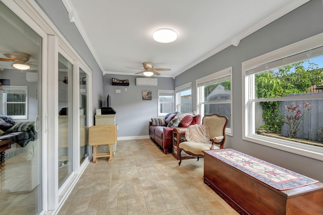 sunroom featuring ceiling fan, french doors, and a wall mounted AC