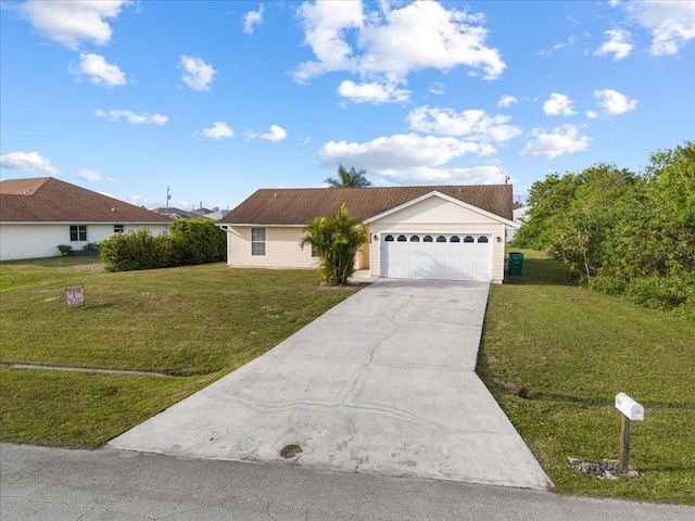 ranch-style home with a garage and a front lawn