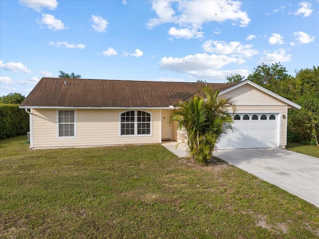 single story home with a garage and a front yard