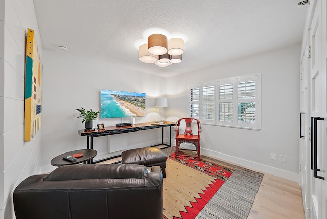 living room featuring a textured ceiling and light hardwood / wood-style floors