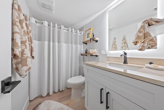 bathroom featuring toilet, hardwood / wood-style flooring, and vanity