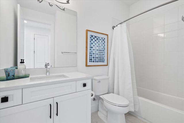 full bathroom featuring toilet, tile patterned flooring, shower / bathtub combination with curtain, and vanity