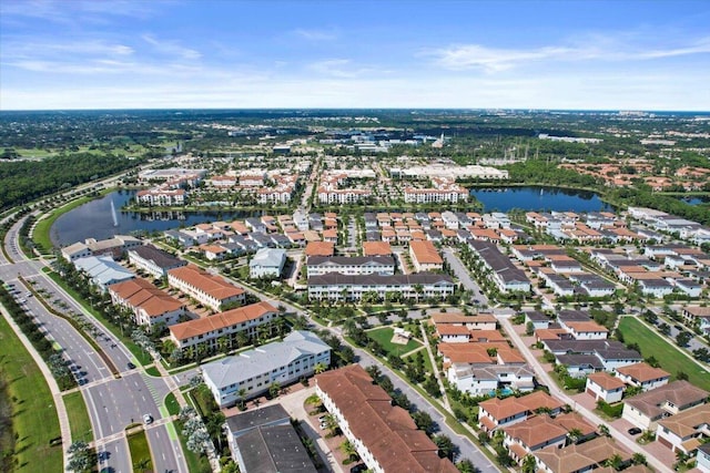 drone / aerial view featuring a water view