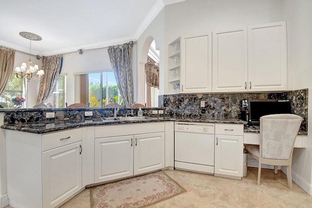 kitchen featuring pendant lighting, white cabinetry, white dishwasher, dark stone counters, and sink