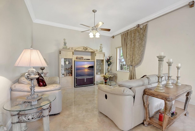 living room with ceiling fan and ornamental molding