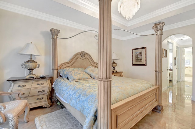 bedroom with a notable chandelier and crown molding