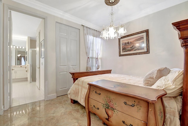 bedroom with a closet, ornamental molding, and a notable chandelier