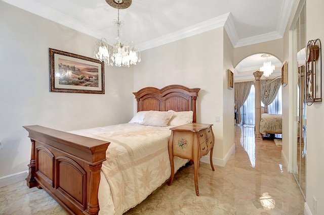 bedroom featuring a notable chandelier and crown molding