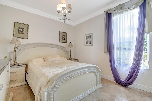 bedroom featuring a notable chandelier and crown molding