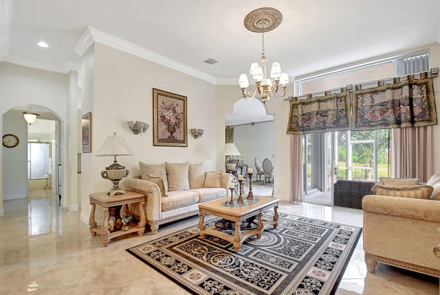 living room featuring an inviting chandelier and ornamental molding