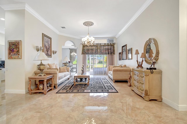 living area with a notable chandelier and crown molding