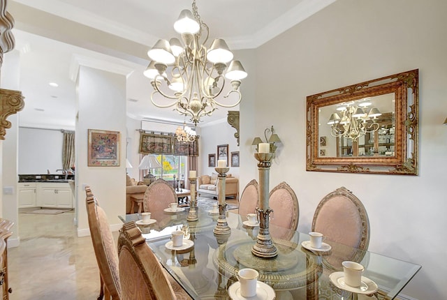 dining area with an inviting chandelier and crown molding