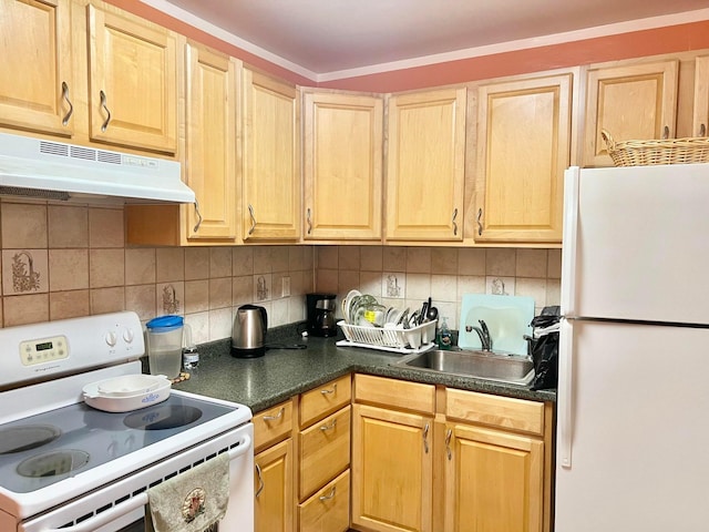 kitchen featuring sink, white appliances, and decorative backsplash