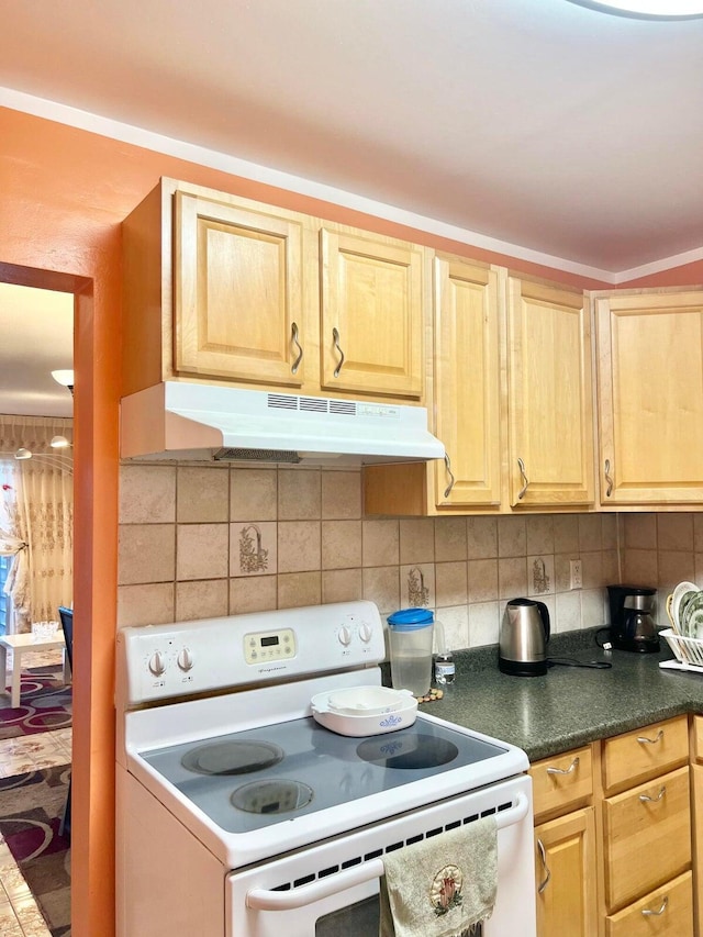 kitchen featuring backsplash, white range with electric stovetop, and light brown cabinets