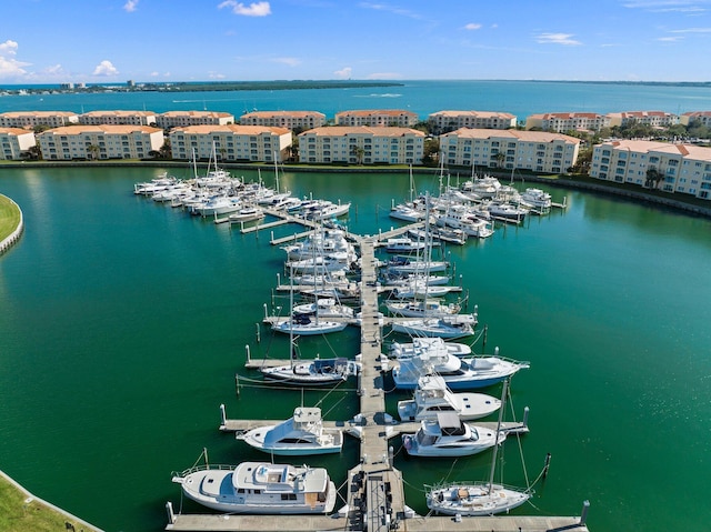 aerial view featuring a water view and a city view