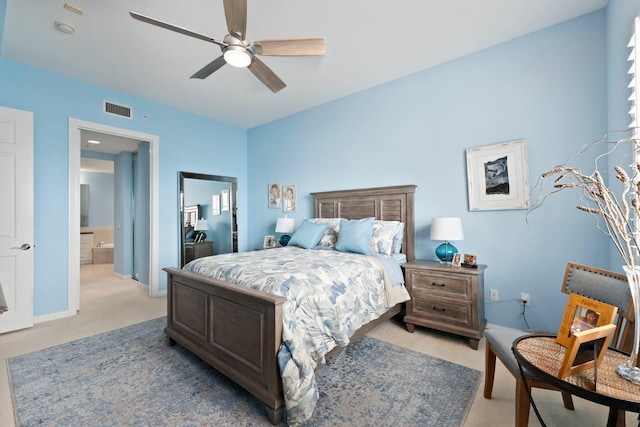 bedroom with light carpet, baseboards, visible vents, and ceiling fan