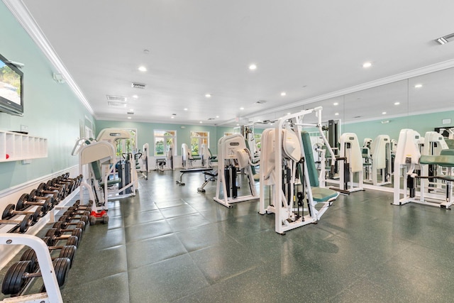 exercise room featuring visible vents, crown molding, and recessed lighting