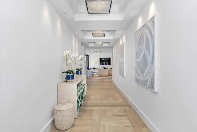 corridor with a raised ceiling and light parquet floors