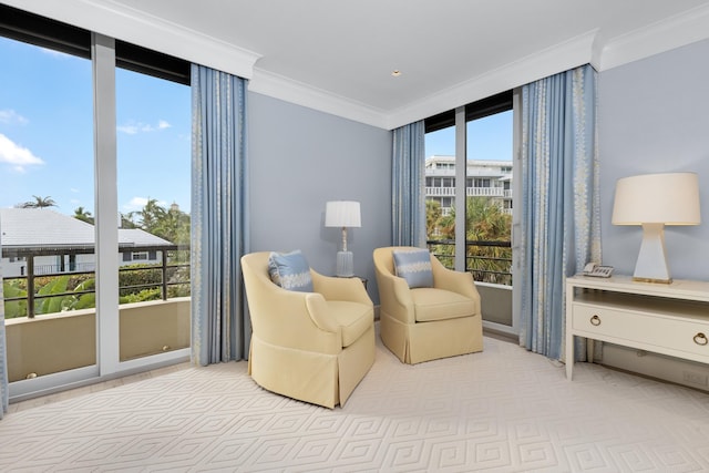 living area with ornamental molding and a wealth of natural light