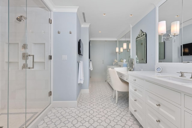 bathroom featuring ornamental molding, walk in shower, and vanity