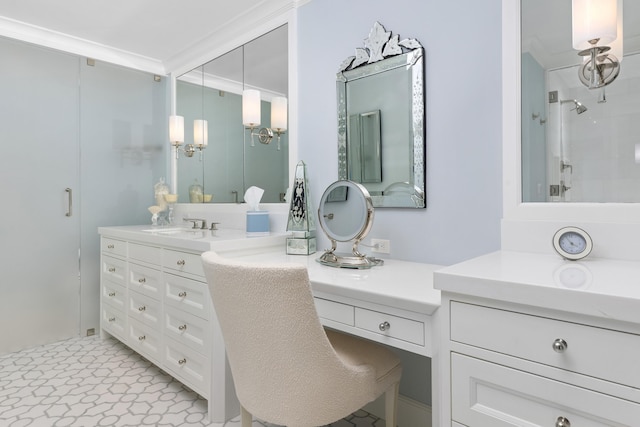 bathroom with an enclosed shower, vanity, and ornamental molding