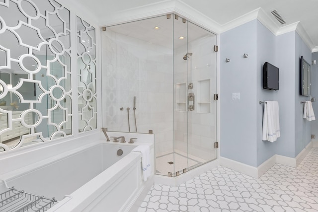 bathroom with independent shower and bath and crown molding