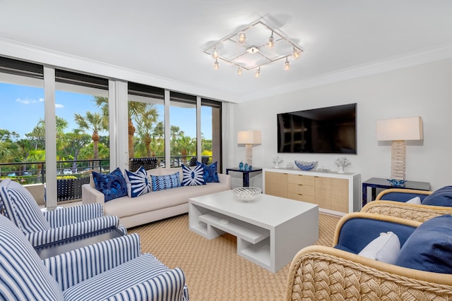 living room featuring floor to ceiling windows and crown molding