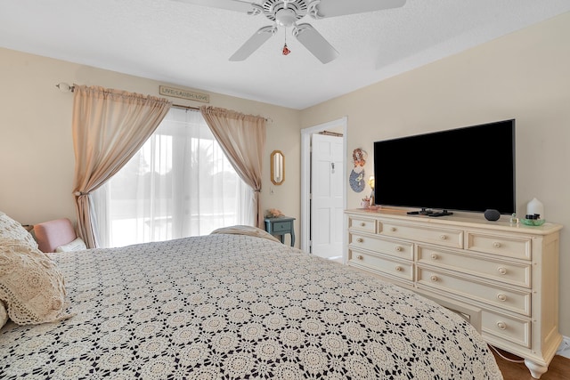 bedroom featuring a textured ceiling and ceiling fan