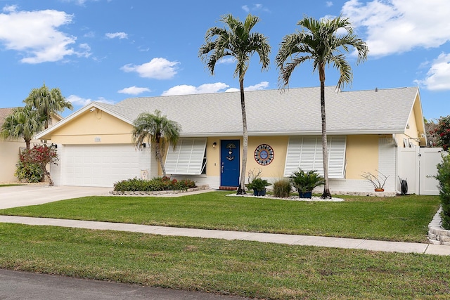 ranch-style house with a front lawn and a garage