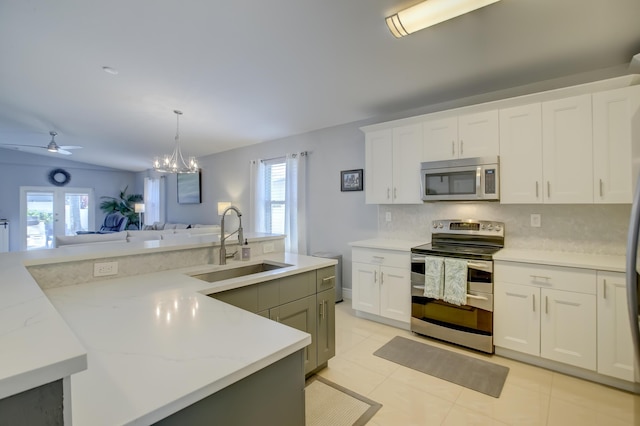 kitchen with sink, a kitchen island, white cabinets, and appliances with stainless steel finishes