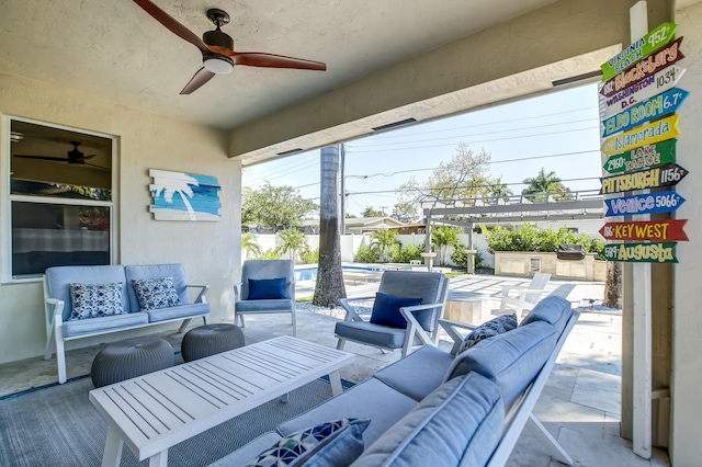 view of patio / terrace featuring ceiling fan, outdoor lounge area, and a pergola