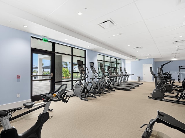 workout area with carpet and a paneled ceiling