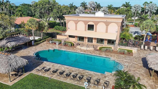 view of swimming pool featuring a patio area