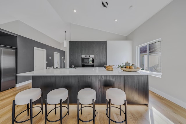 kitchen featuring stainless steel appliances, light wood-type flooring, a large island, and sink