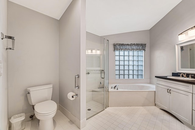 full bathroom featuring toilet, vanity, vaulted ceiling, tile patterned floors, and shower with separate bathtub