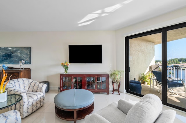 living room featuring light tile patterned flooring