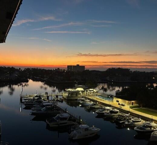 property view of water featuring a boat dock