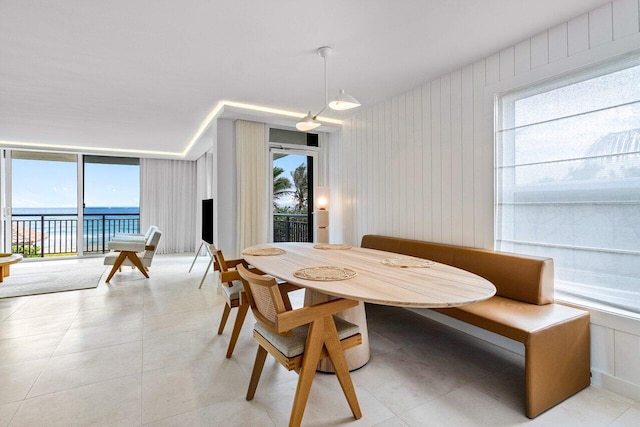 dining room with a water view and a healthy amount of sunlight