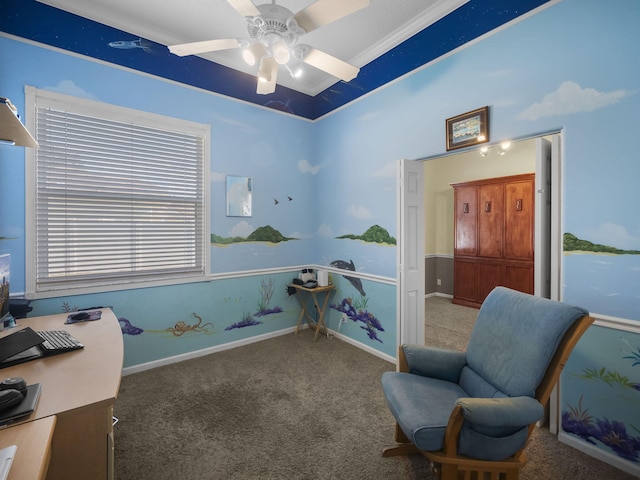 living area featuring ceiling fan, dark carpet, and ornamental molding