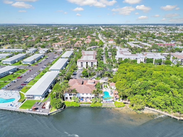 drone / aerial view featuring a water view