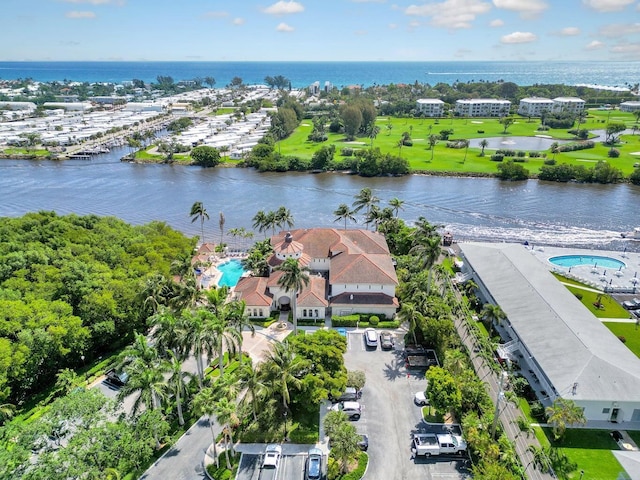 drone / aerial view featuring a water view