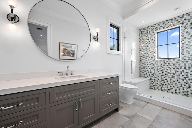 bathroom with an enclosed shower, vanity, and toilet