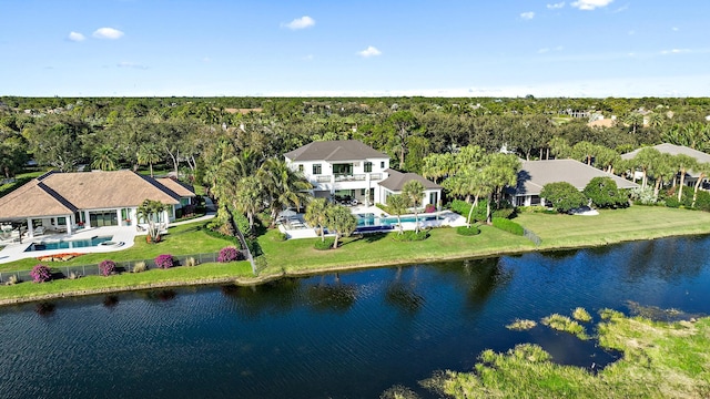 drone / aerial view featuring a water view