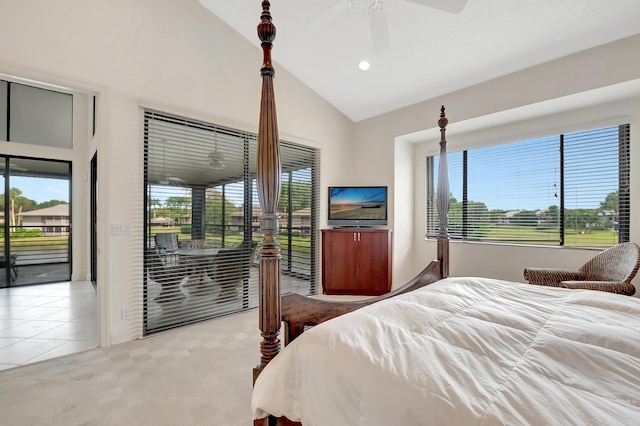 tiled bedroom with access to outside, ceiling fan, and vaulted ceiling