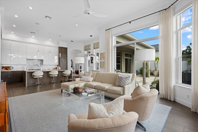 living room featuring ceiling fan and hardwood / wood-style floors