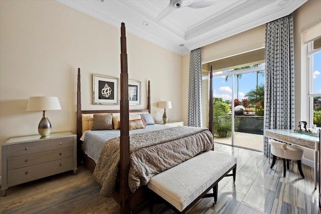 bedroom featuring wood-type flooring, crown molding, access to outside, and ceiling fan