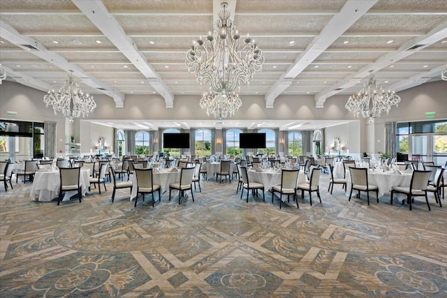 dining room with beamed ceiling and carpet flooring